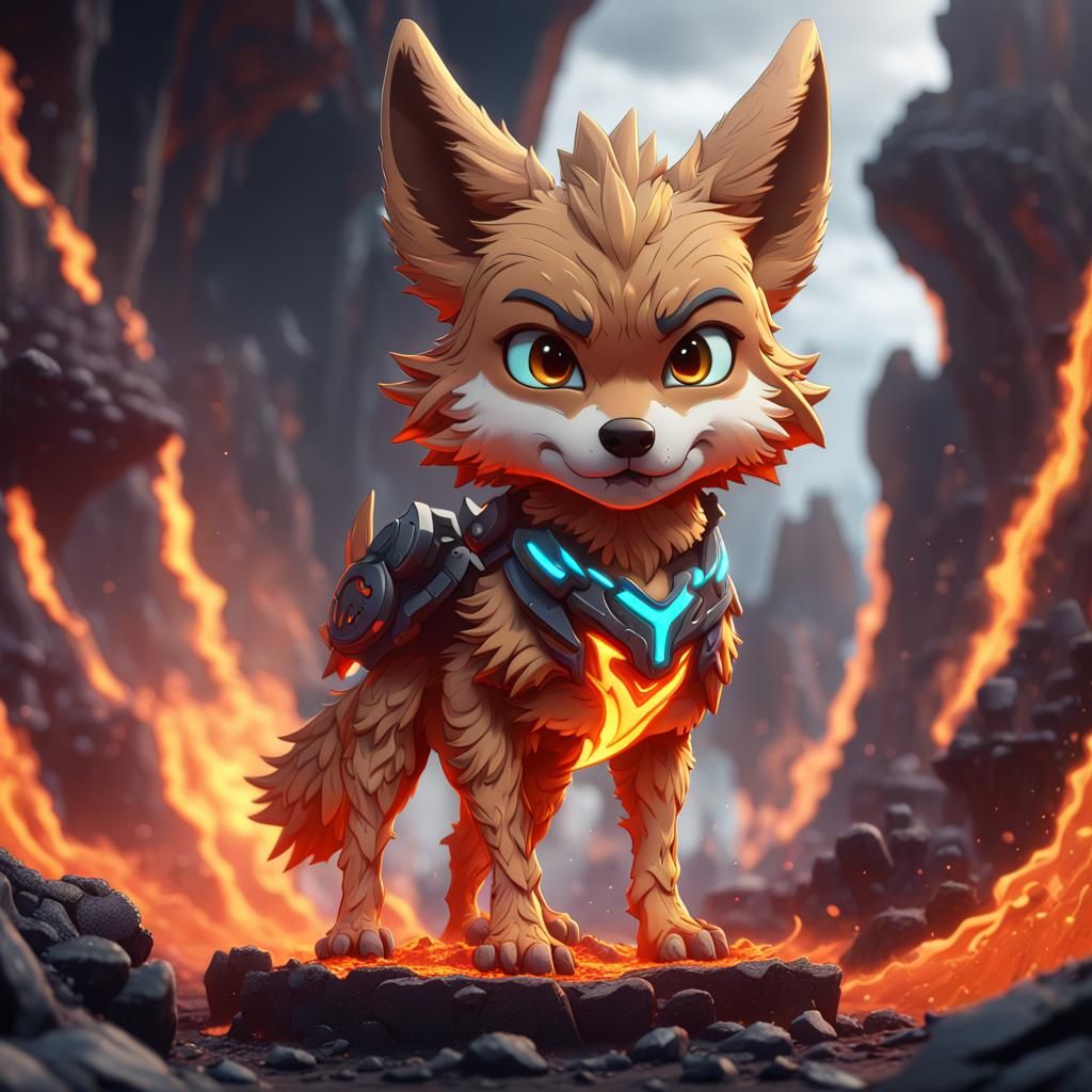 Chibi Lava Coyote: Detailed Fantasy Concept Art