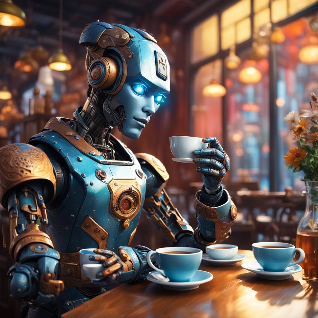 Hyperrealistic Robot Sipping Tea in Tea Shop