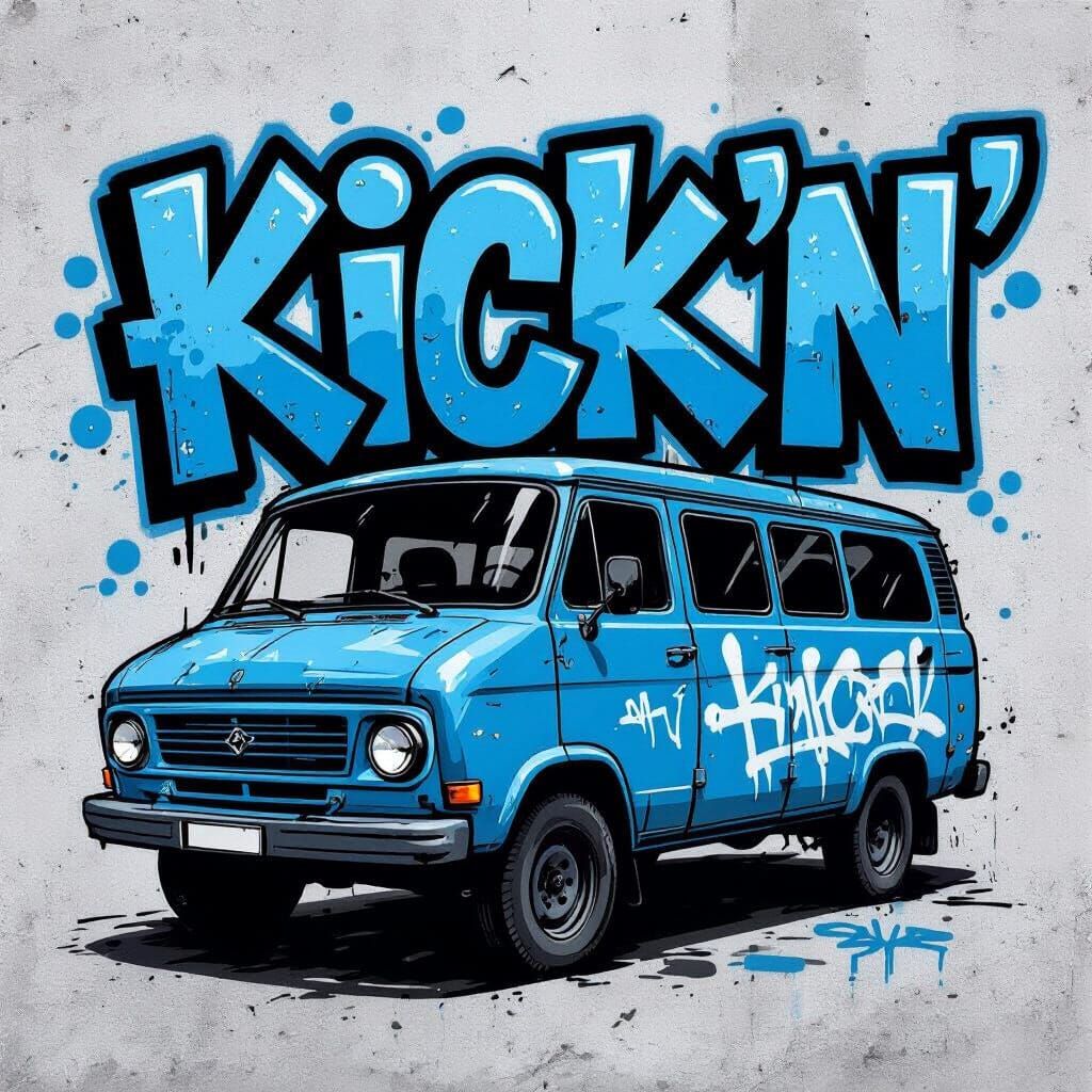 Graffiti Style Kick'n'Bus Text with Blue Outline