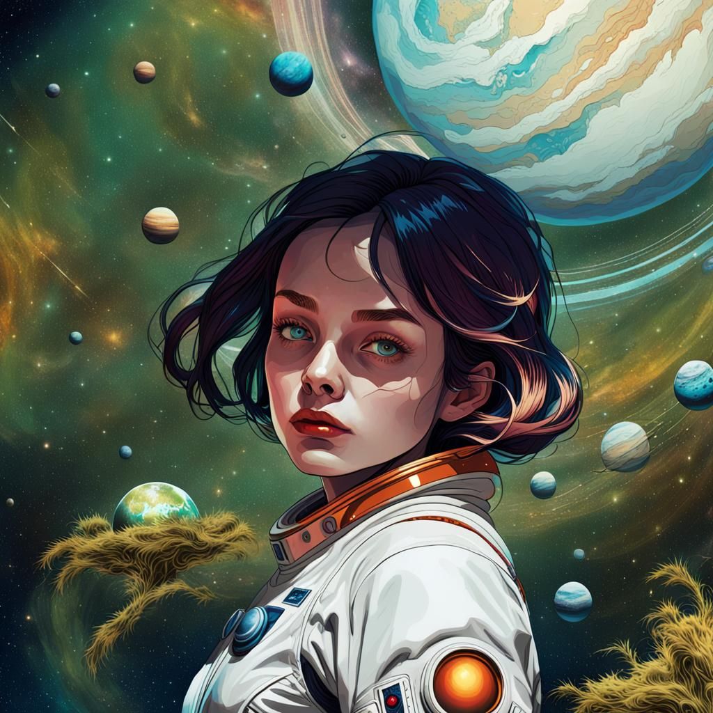 High resolution details, close up of woman in spacesuit, pla...