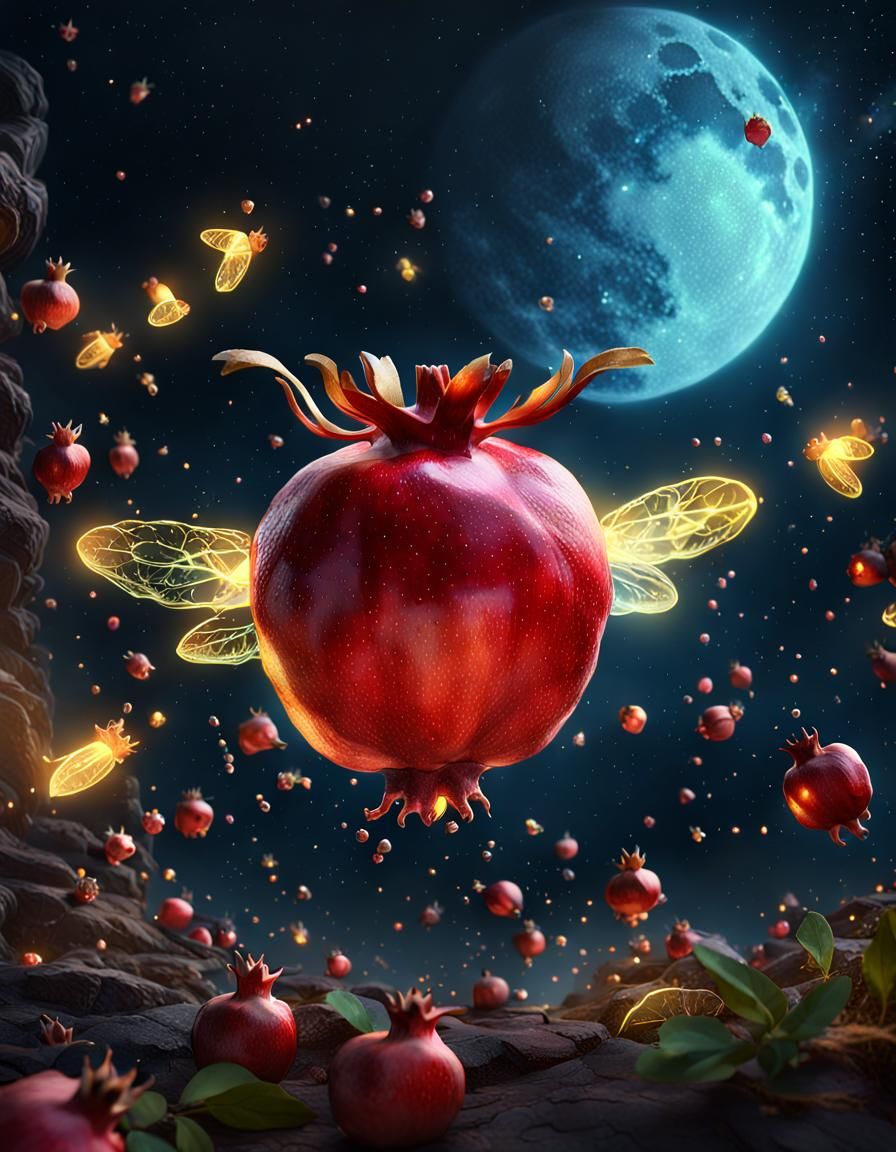 Fireflies Over Pomegranate: Detailed Solarpunk Matte Paintin...