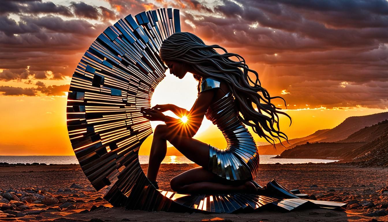 Surreal Fragmented Sculpture of Woman at Sunset