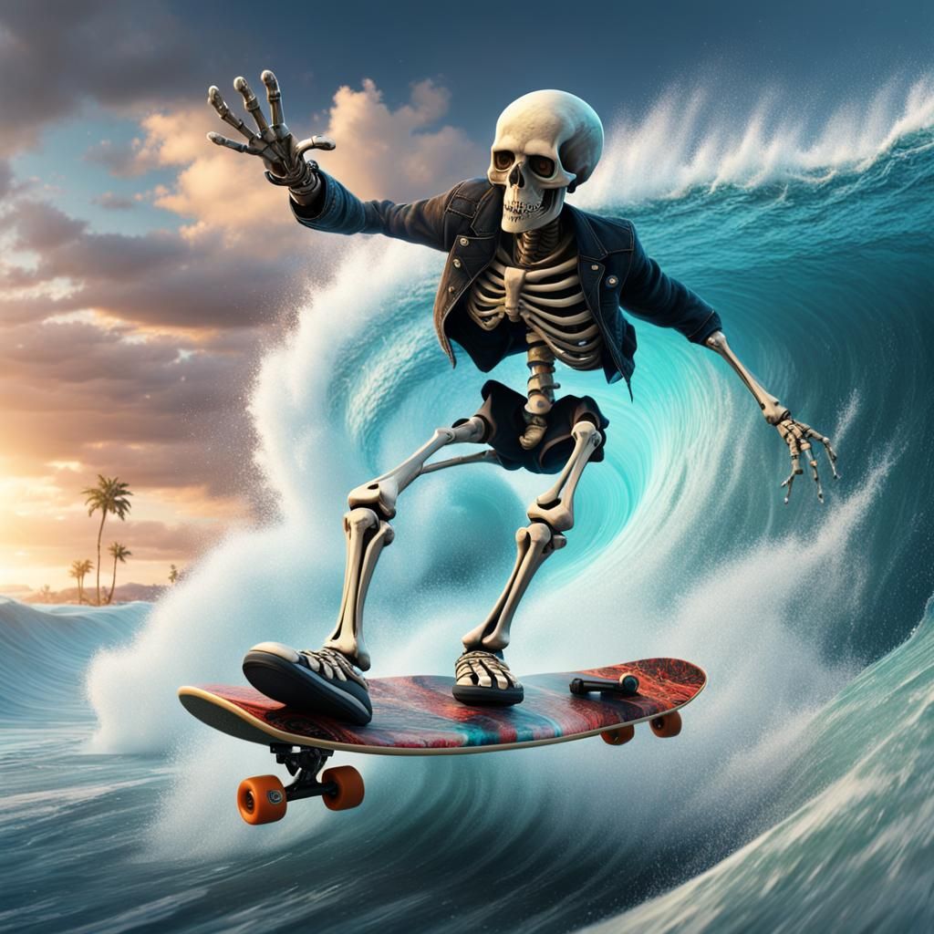 Punk Rock Skeleton Surfing Wave with UFOs