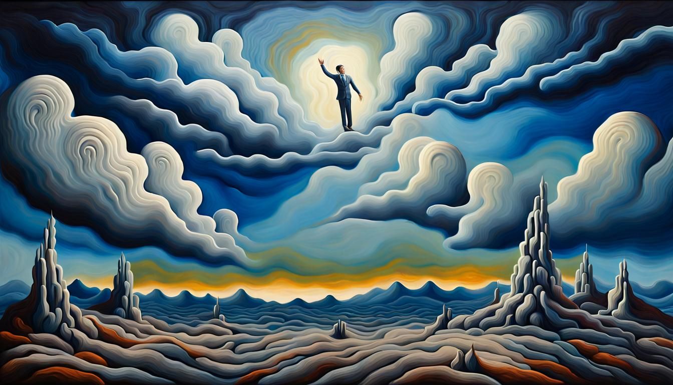Dreamer in Desolate Landscape: Surreal Oil Painting