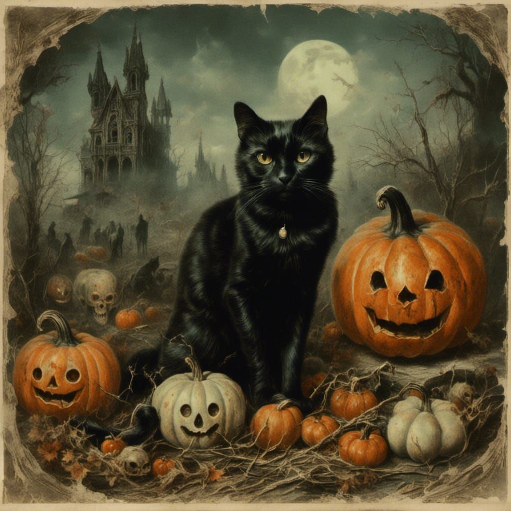 Victorian Halloween Scene with Black Cat and Ghosts