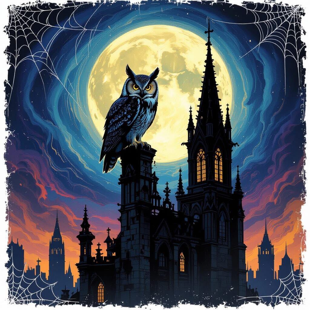 Solitary Owl on Gothic Tower Under Cosmic Sky