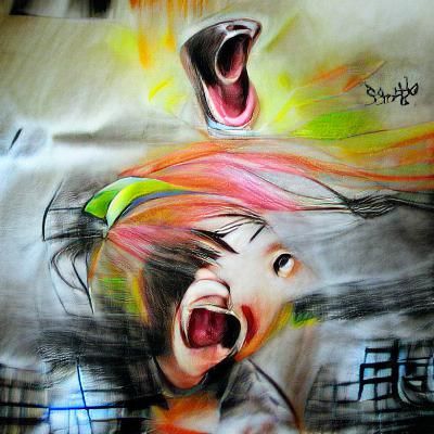 Anime Girl Screaming: Colorful Charcoal Drawing