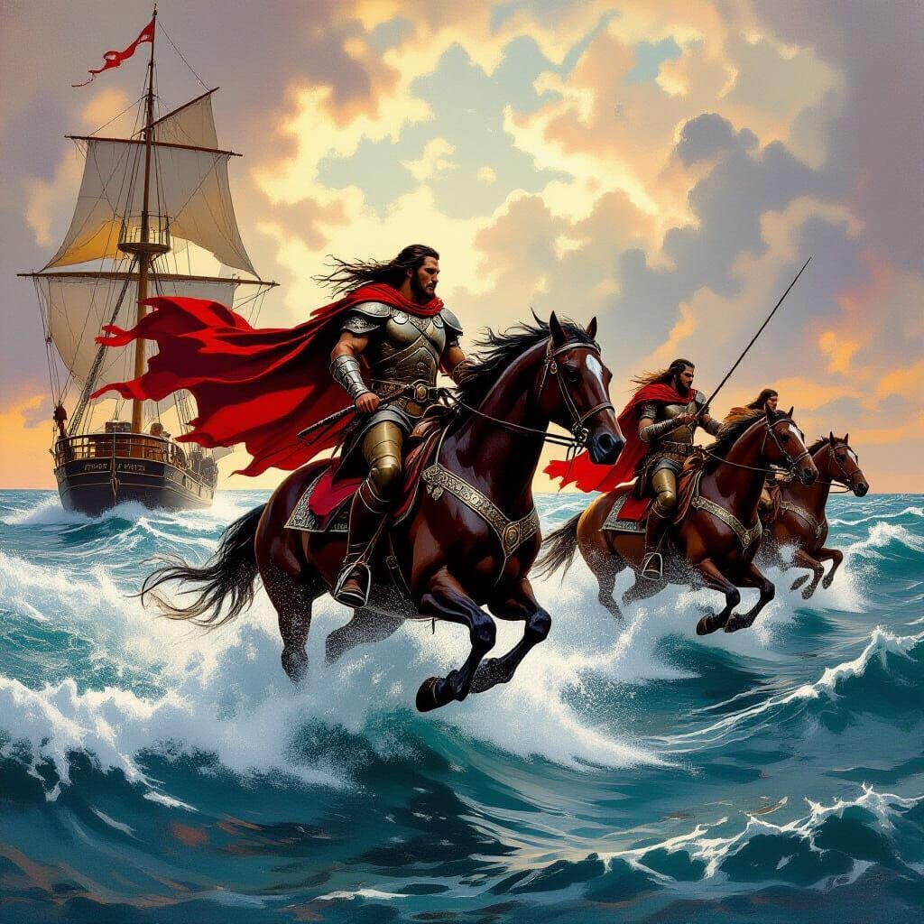 Seascape Battle: Warriors Galloping on Waves