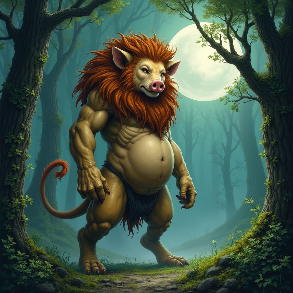 Surreal Lion Pig Hybrid Reigns in Enchanted German Forest
