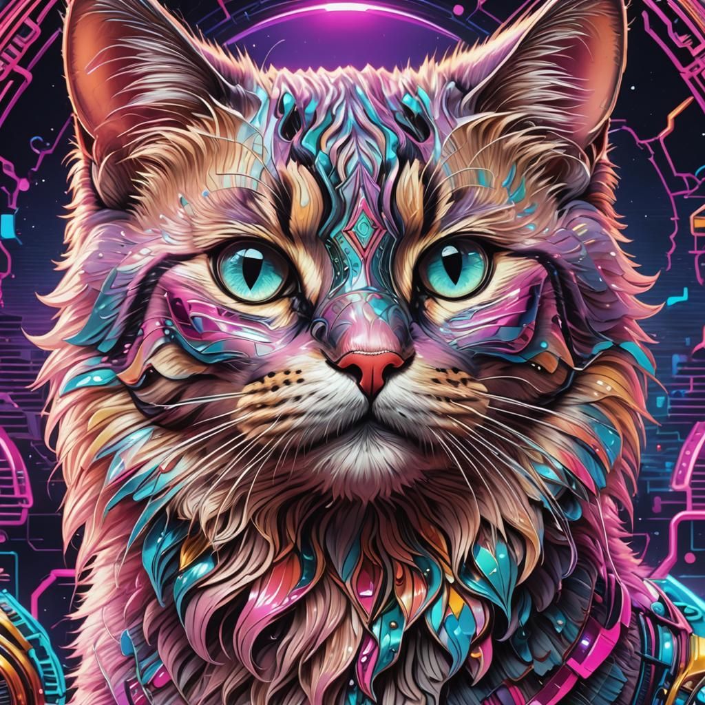 Gorgeous Shiny Cat in Synthwave Style
