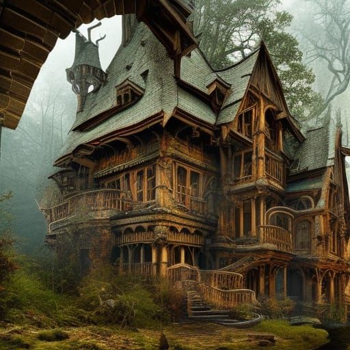 Haunting Gothic Staircase in Overgrown Forest