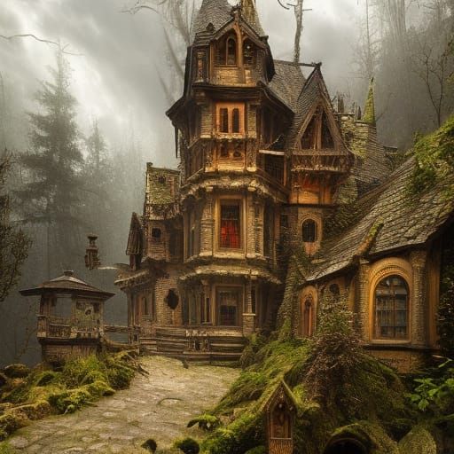 Gothic Staircase in Haunted Forest, Northern Renaissance Sty...