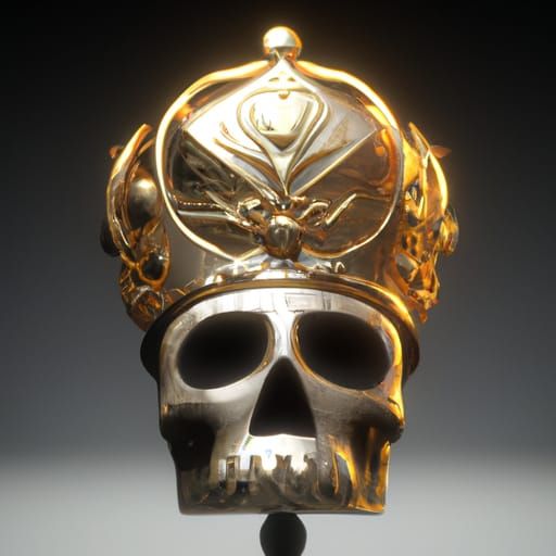 Golden Sugar Skull with Crown, Steampunk 3D Render