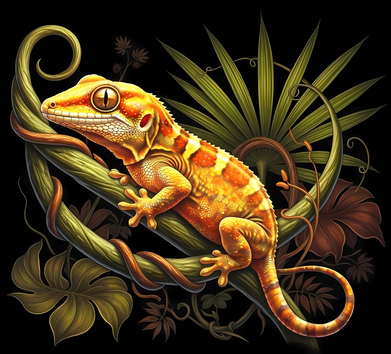 Vivid Gecko in Baroque Style Charcoal Drawing