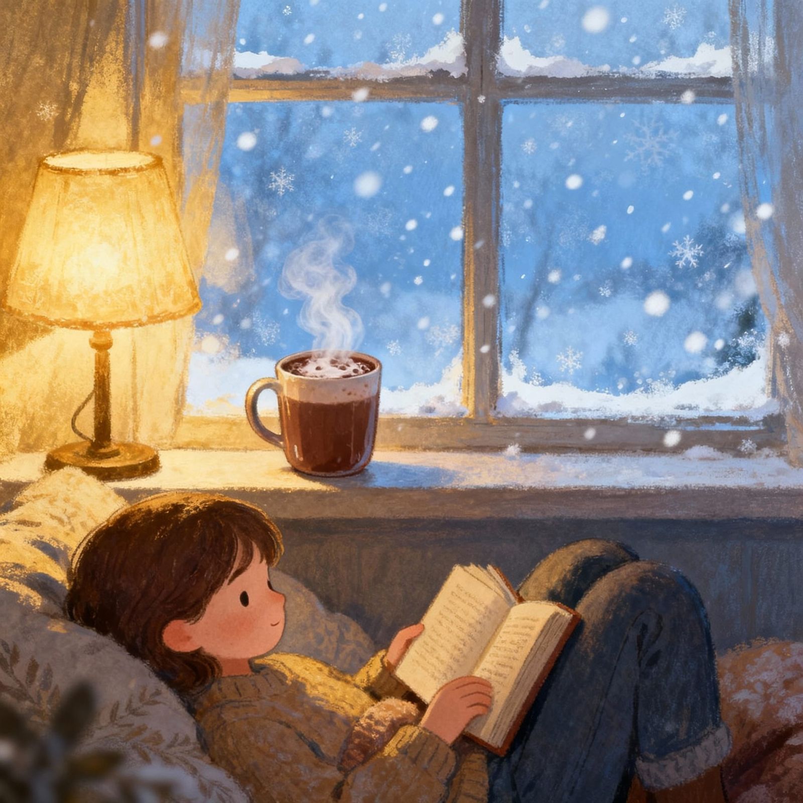Cozy Winter Scene: Hot Chocolate and Snowfall