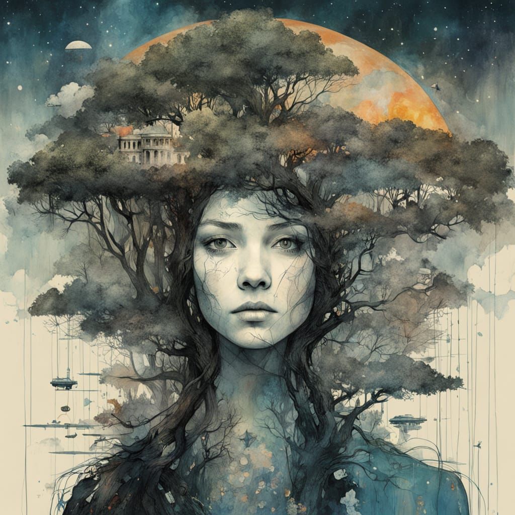 Galaxy Merging with Nature and Cityscape in Princess Silhoue...