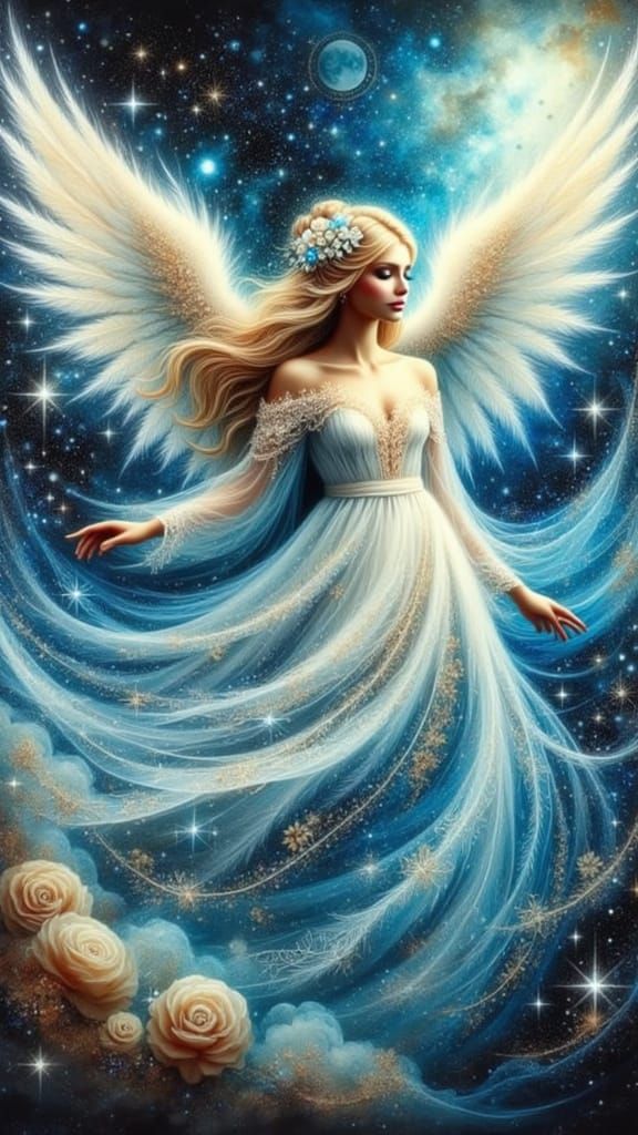 Majestic Angel Descends from Vibrant Nebula in Cosmic Art St...