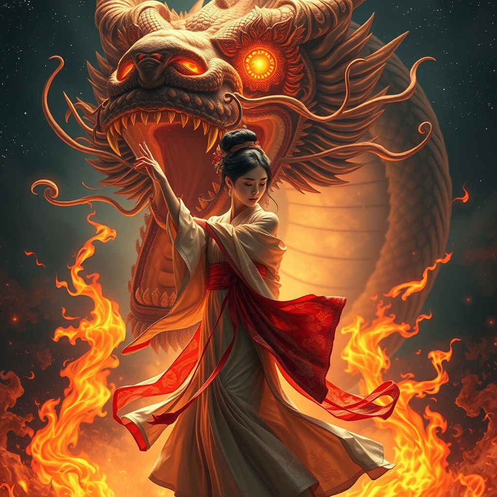 Japanese Dancer with Dragon Head in Mystical Setting