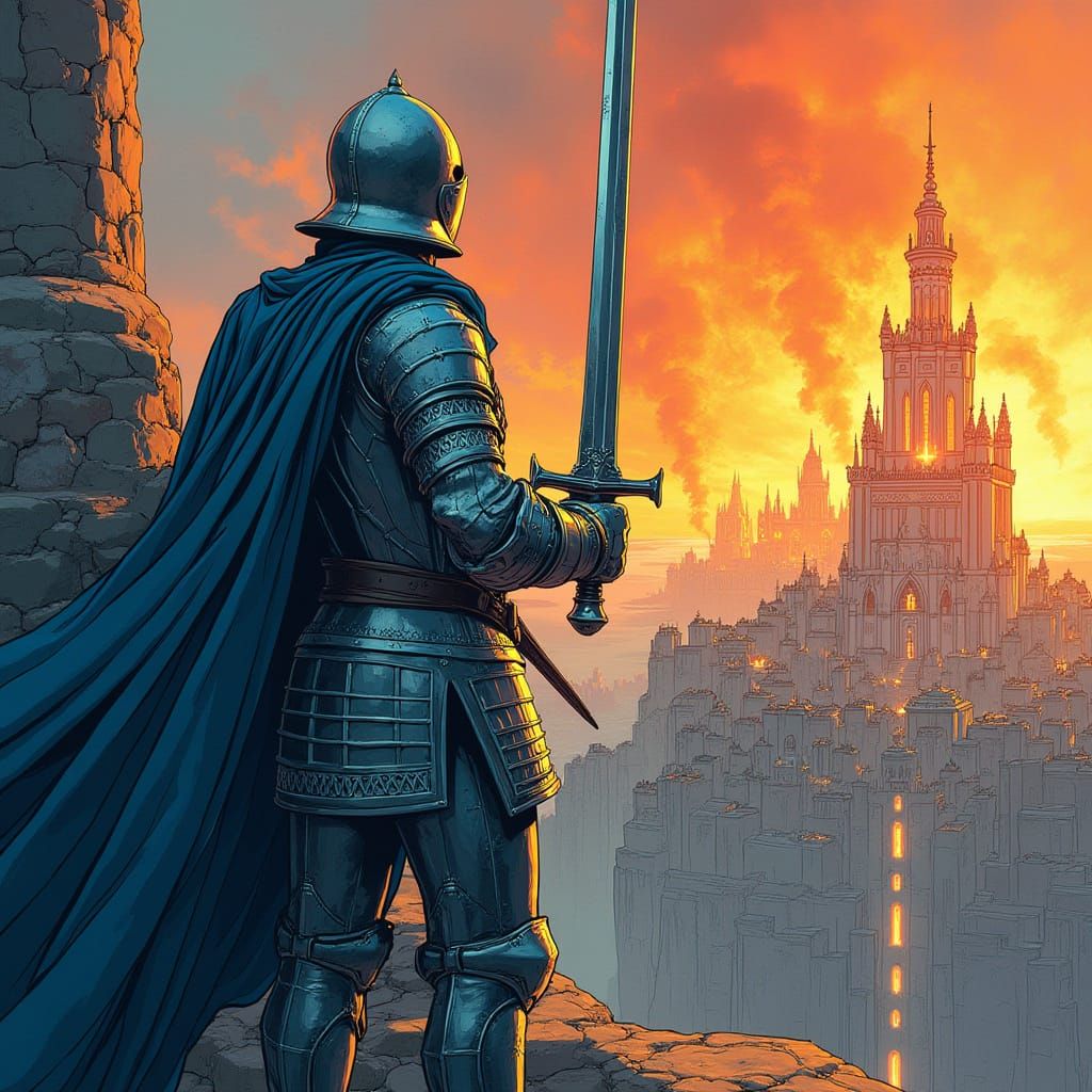 Knight Watches Burning City, Retro Sci-Fi Art