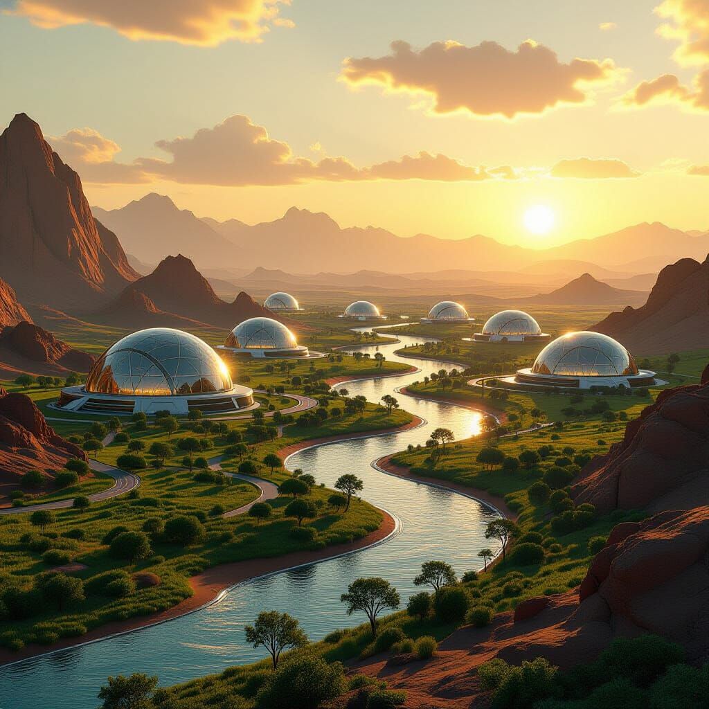 Terraformed Mars Vista with Biodomes and Binary Sunset