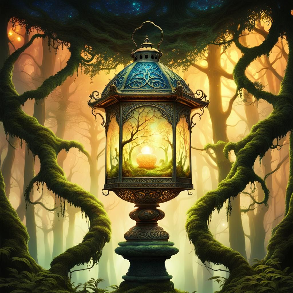 Ornate Lantern in Mystical Forest, AIVision Style