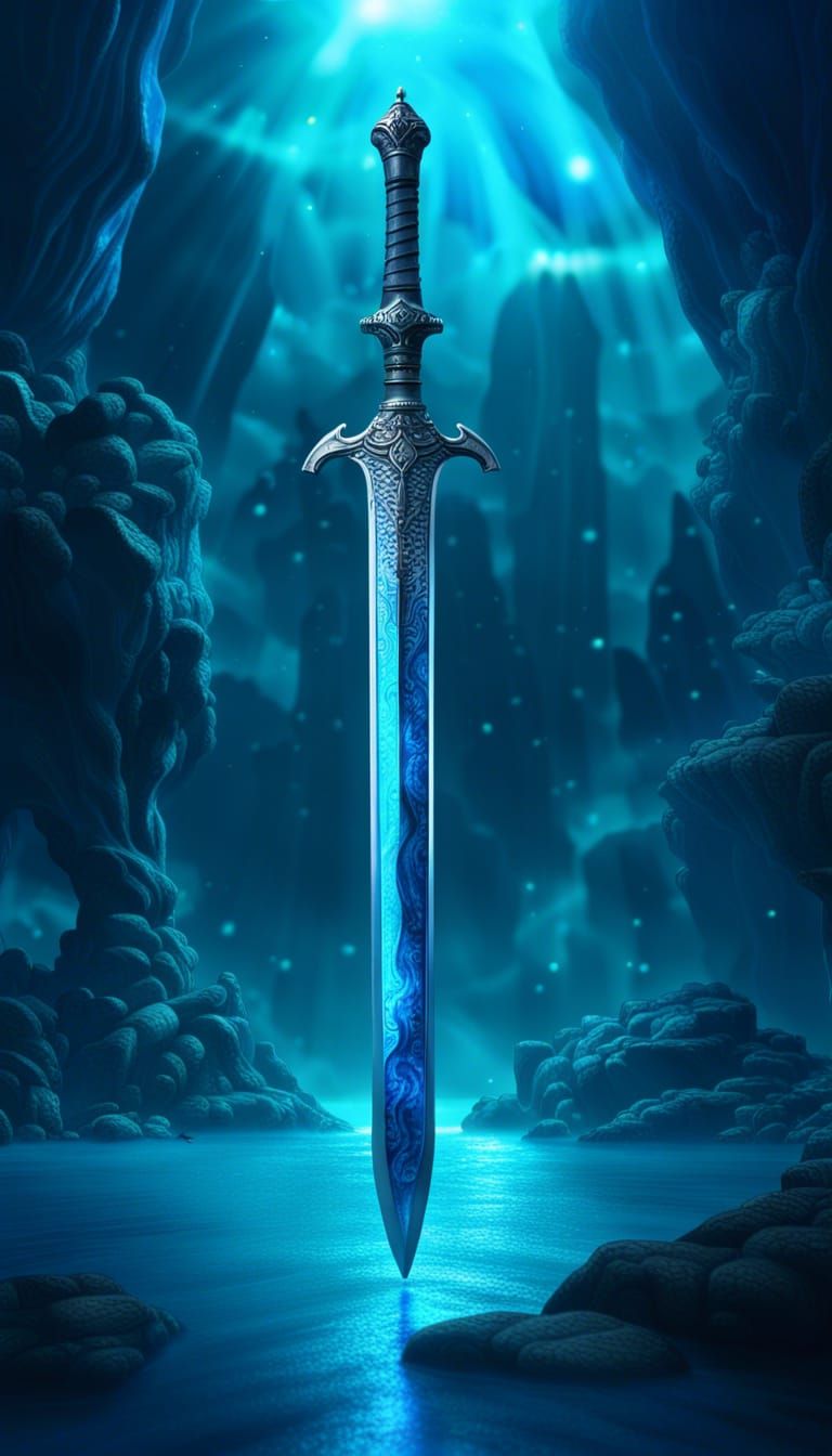 Blue Water Sword in Surreal Landscape