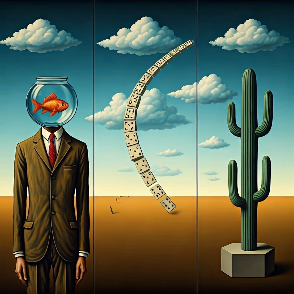 Surreal Oil Painting: Fishbowl Man, Domino Birds