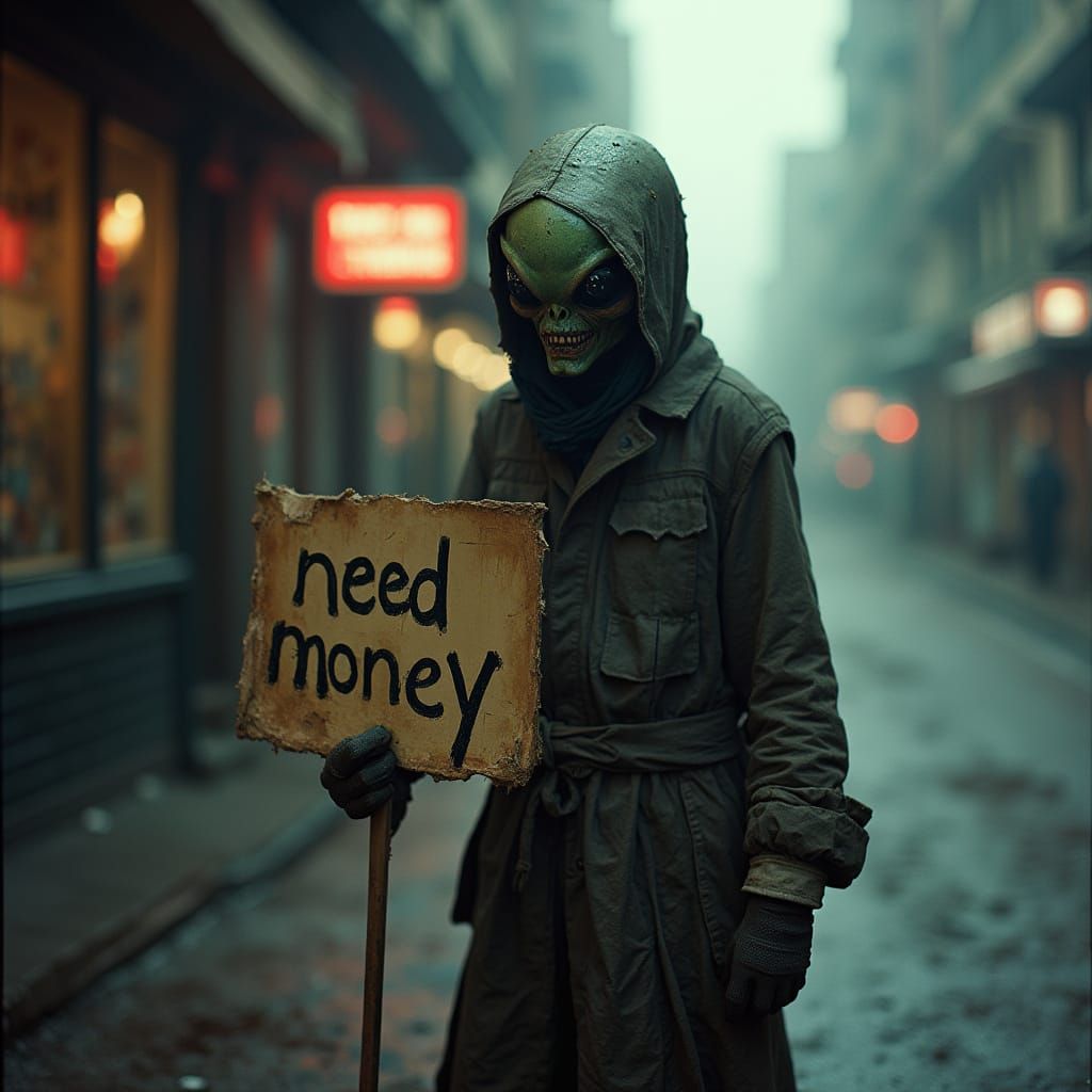 Alien Hobo Begging on Desolate Street in Film Noir Style