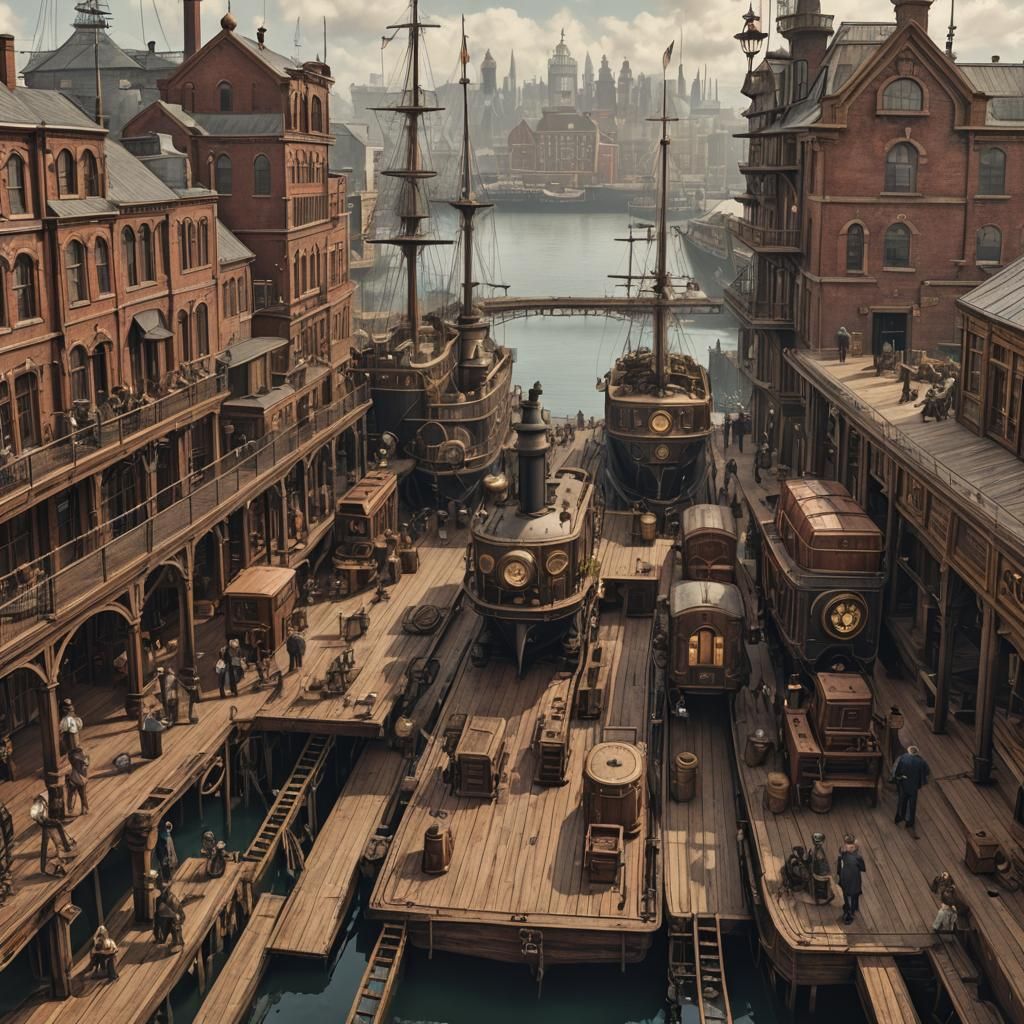 Victorian Steampunk Port Scene from Dock Level