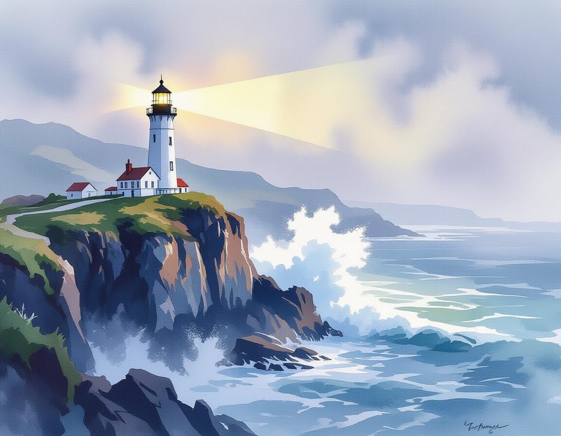 Lighthouse in Fog: A Watercolor Painting