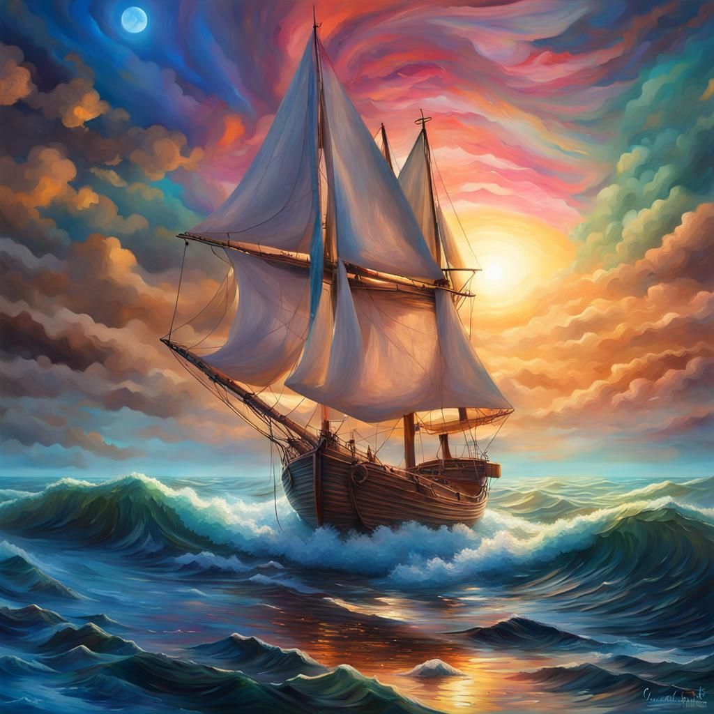 "Sailing boat with large sails in3D, atmospheric dreamscape ...