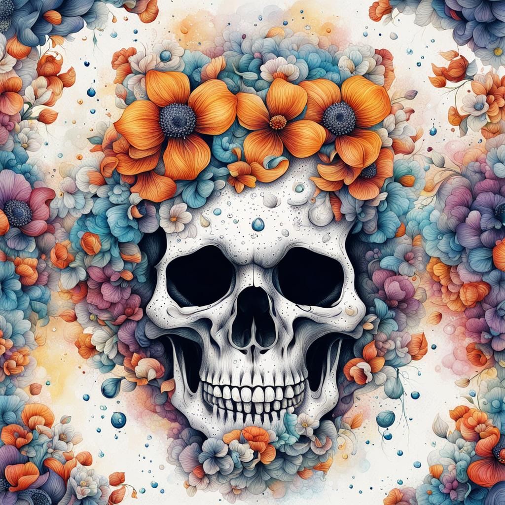 Skull Surrounded by Flowers with Dew Drops