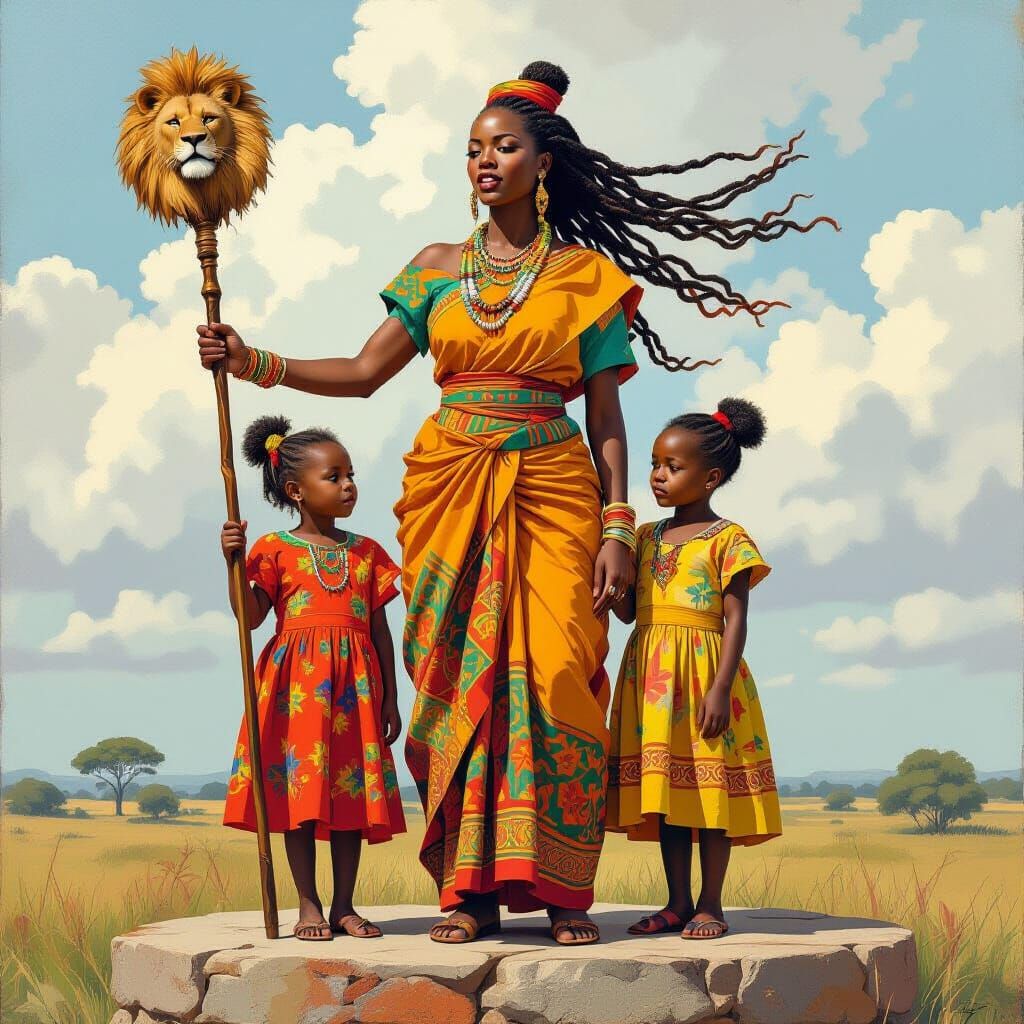 African Woman with Lion Staff in Vibrant Style