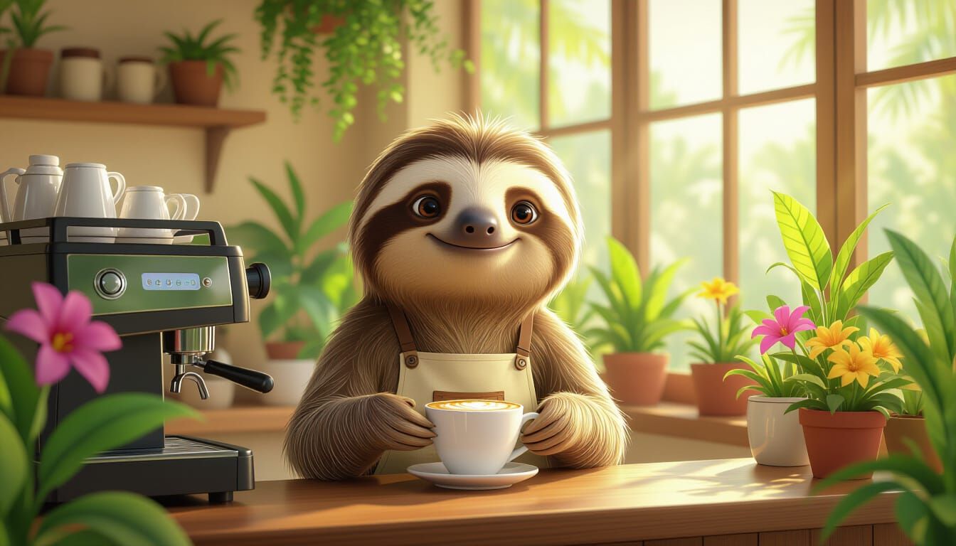 Smiling Sloth Barista in Tropical Coffee Shop