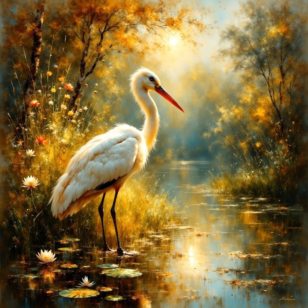 Majestic White Stork Basks in Golden Evening Light