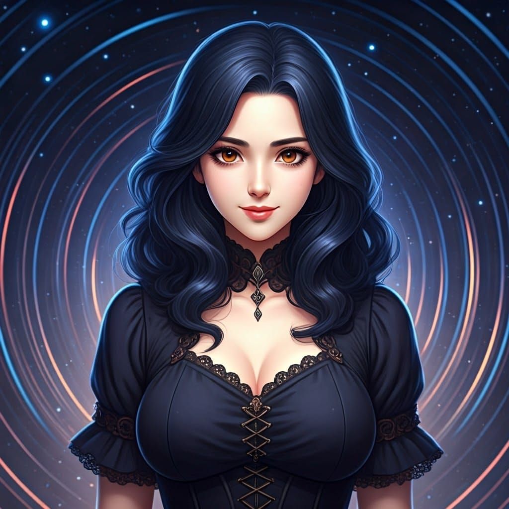 Gothic Woman Smiling in Starry Sky, WLOP Style