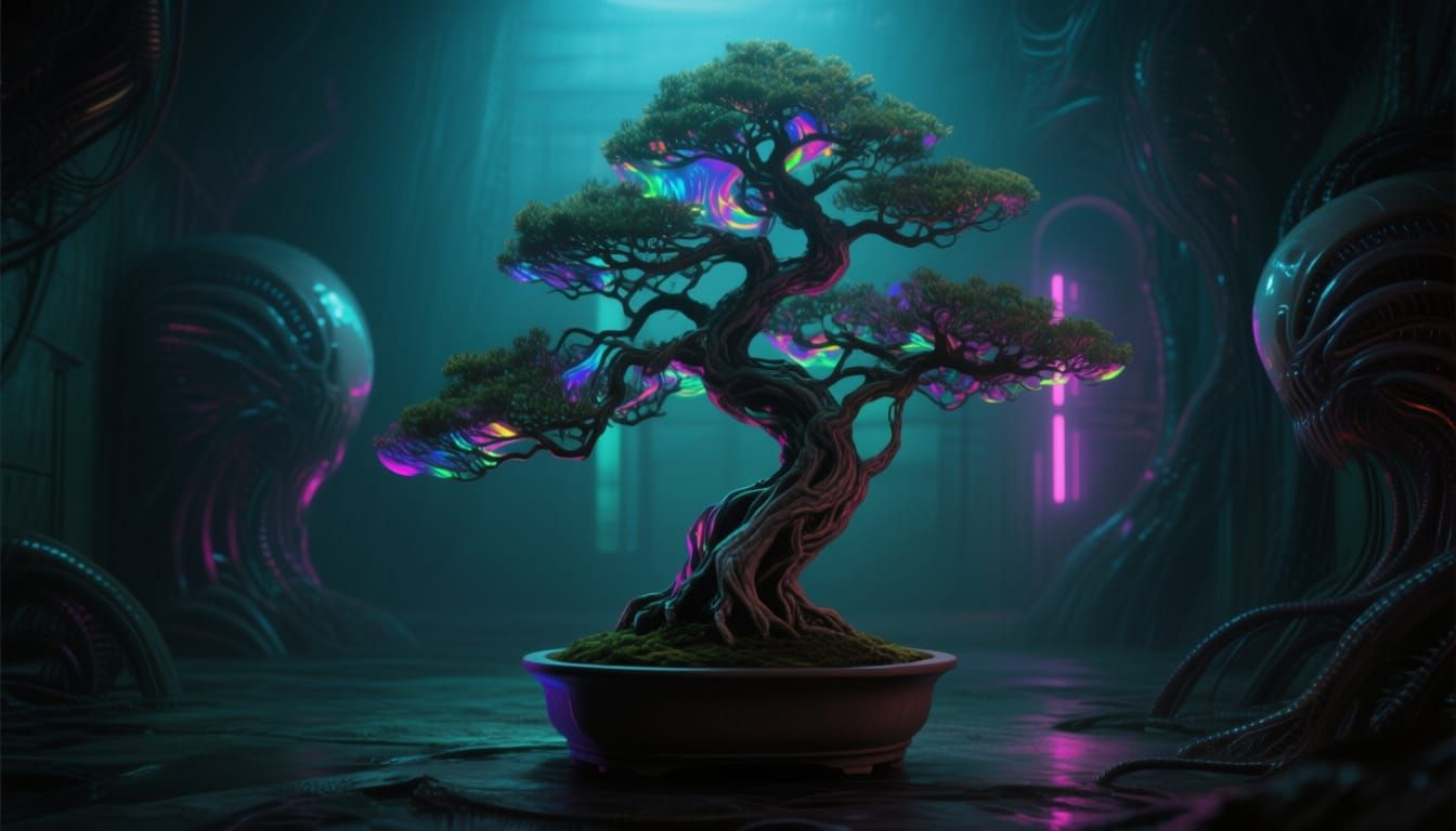 Eerie Bonsai Tree in Surreal Biomechanical Liminal Space