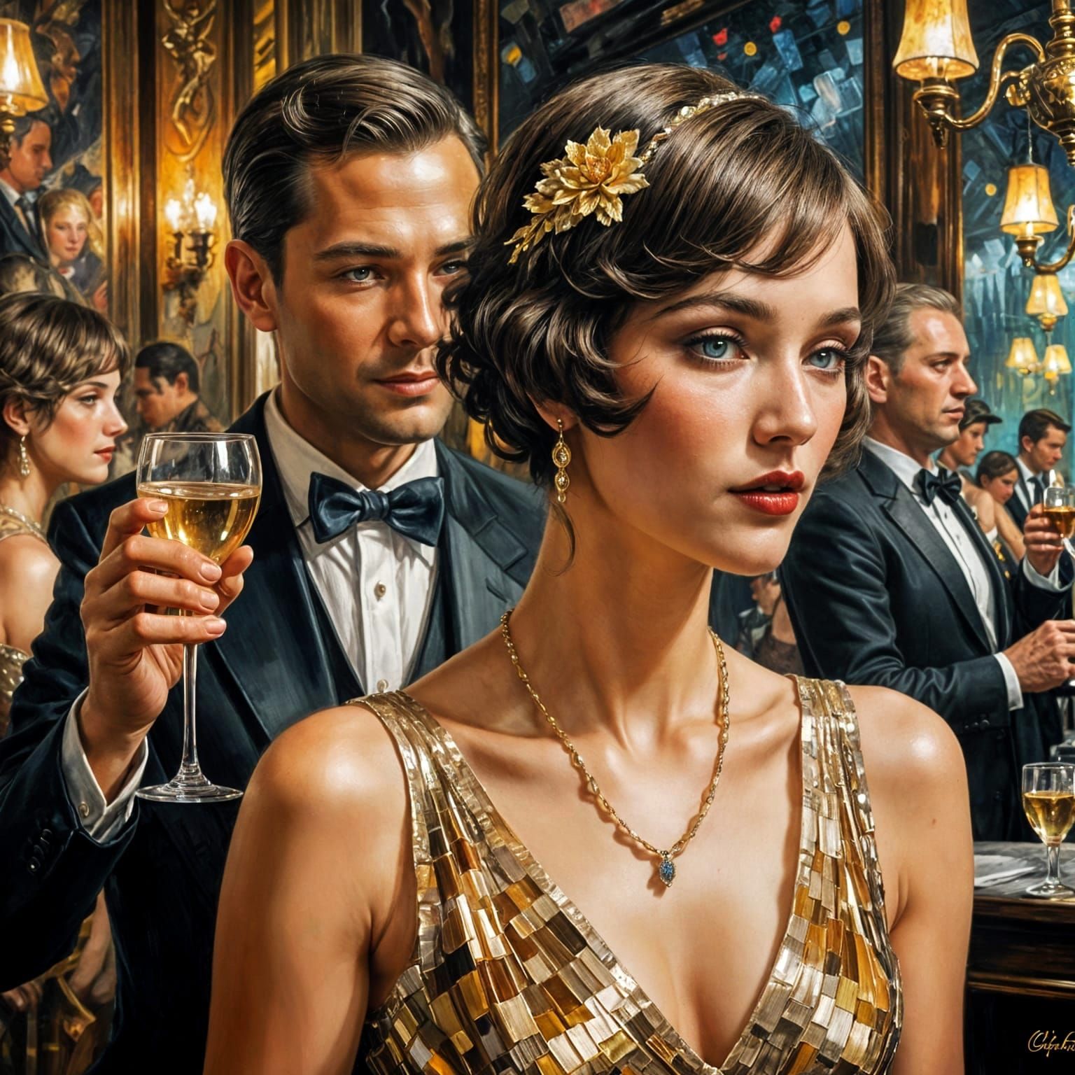 Flapper Girl in 1920s Speakeasy, Oil Painting