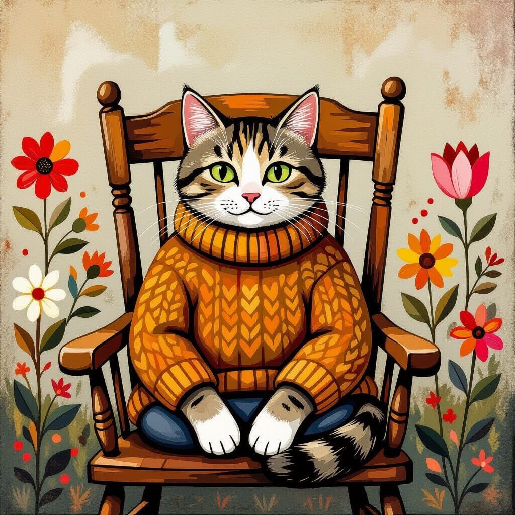 Quaint Cat in Naive Folk Art Style