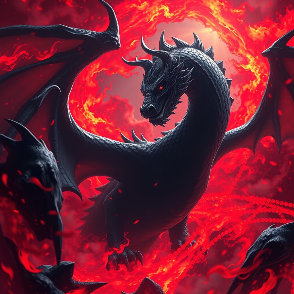 Majestic Black Dragon in Fiery Anime Style