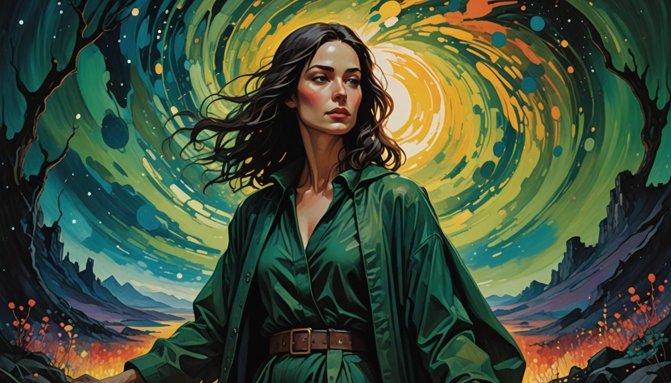 Mythical Figure Interprets Celestial Lights in Resonant Patt...