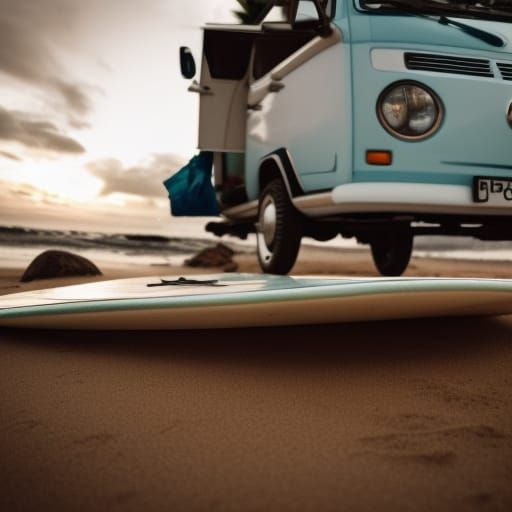 VW Camper Van on Beach: Hyperrealistic 64MP Image