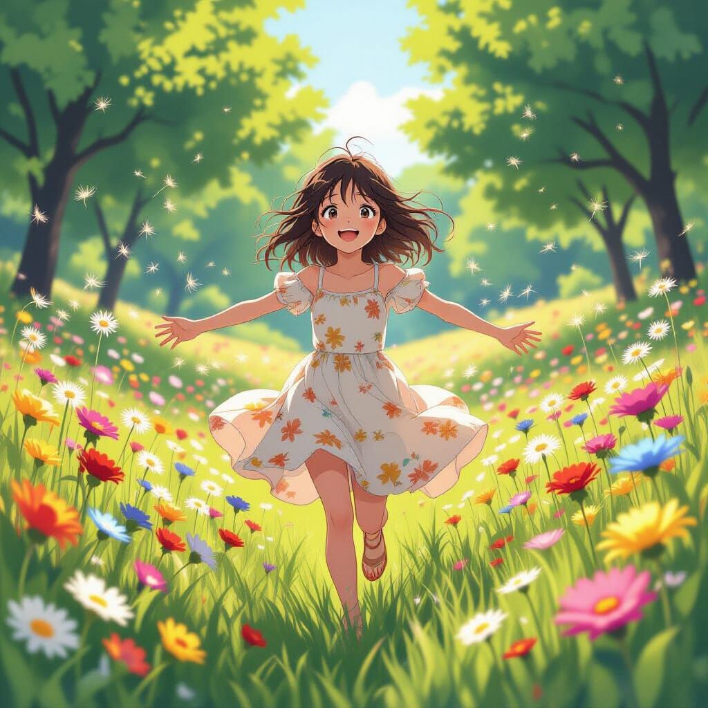 Girl Running in Dandelion Field, Anime Style