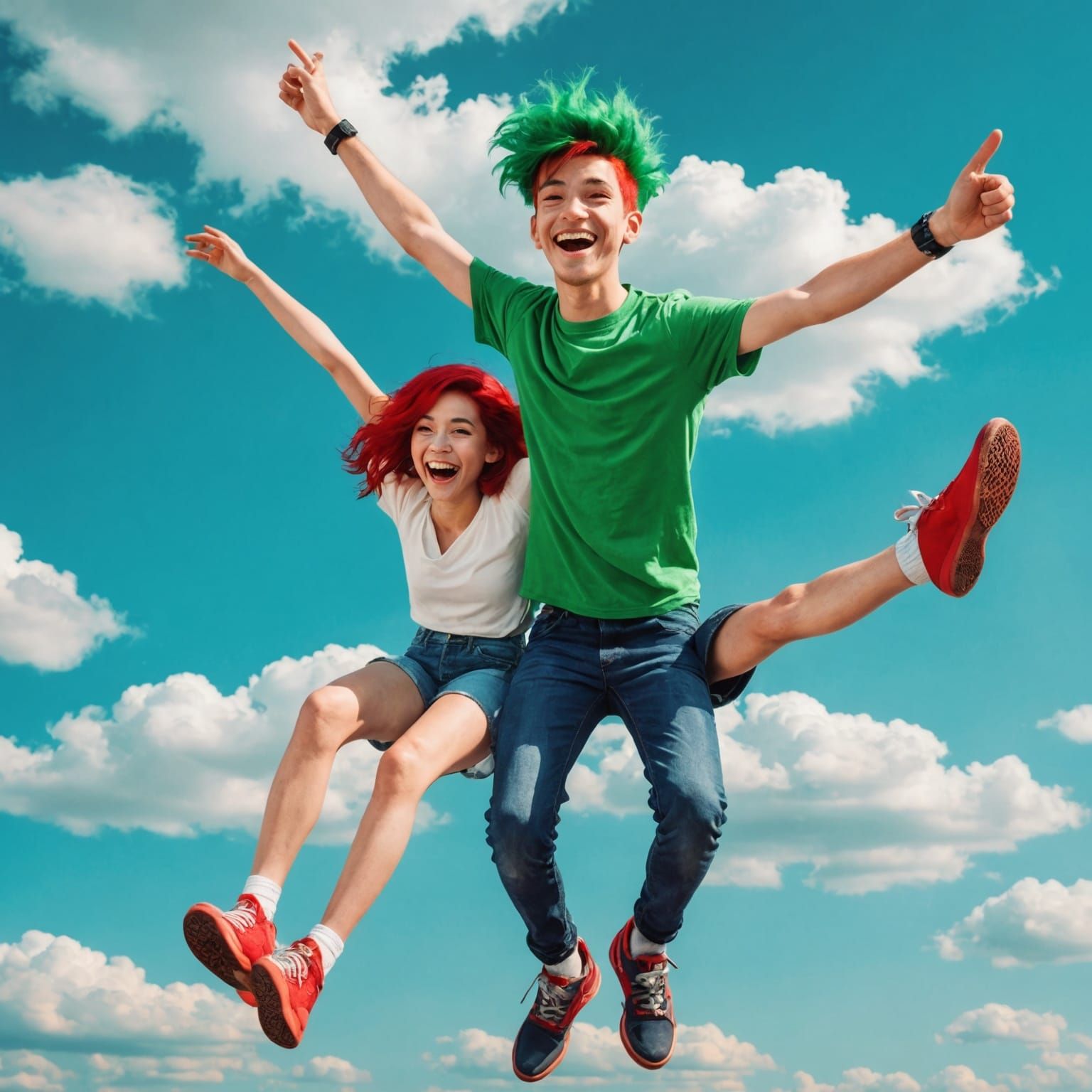 Happy Couple Swinging on a Cloud in Blue Sky