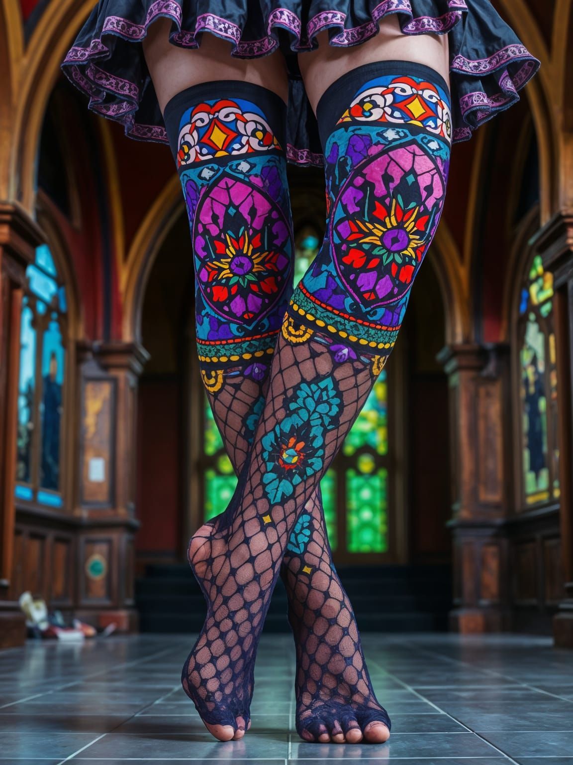 Stained Glass Thigh-High Socks in Gothic Setting