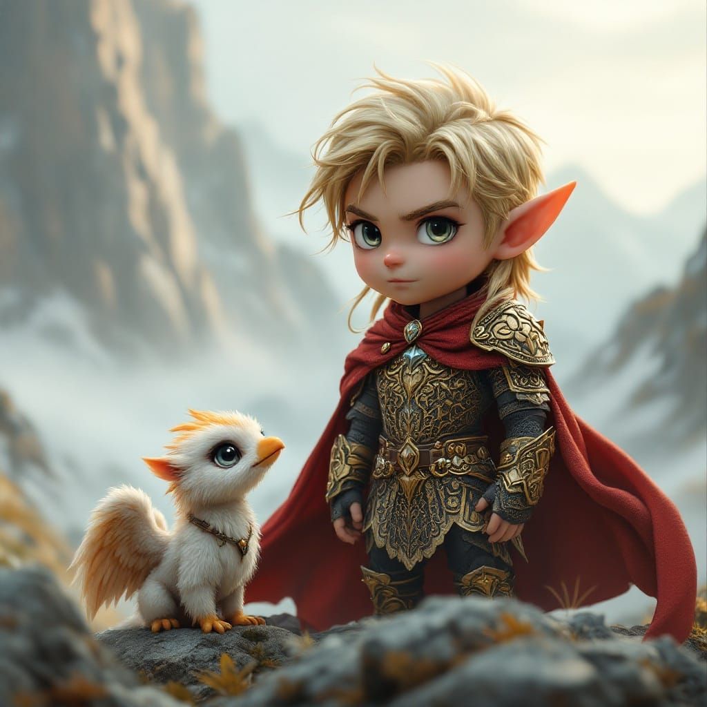 Majestic Chibi Elf and Griffin in Fantastical Realm