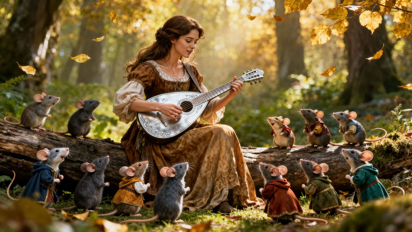 Woman Plays Lute for Joyful Mice in Magical Forest