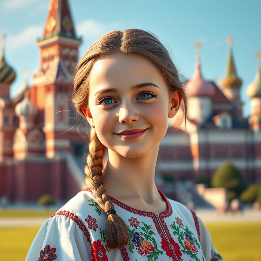 Whimsical Russian Girl in Traditional Sarafan, Kremlin Backg...