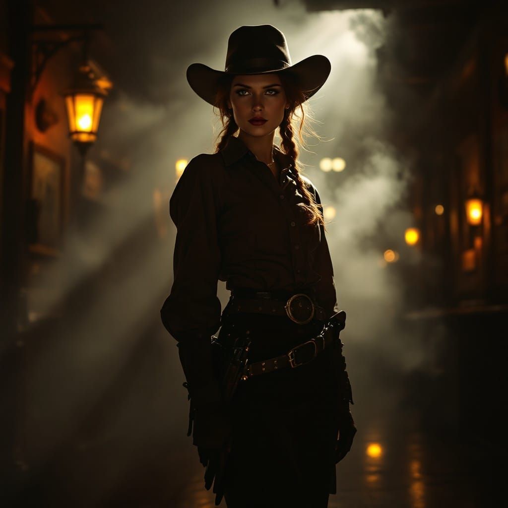 Annie Oakley in a Smoky Saloon, Hyperrealistic Portrait