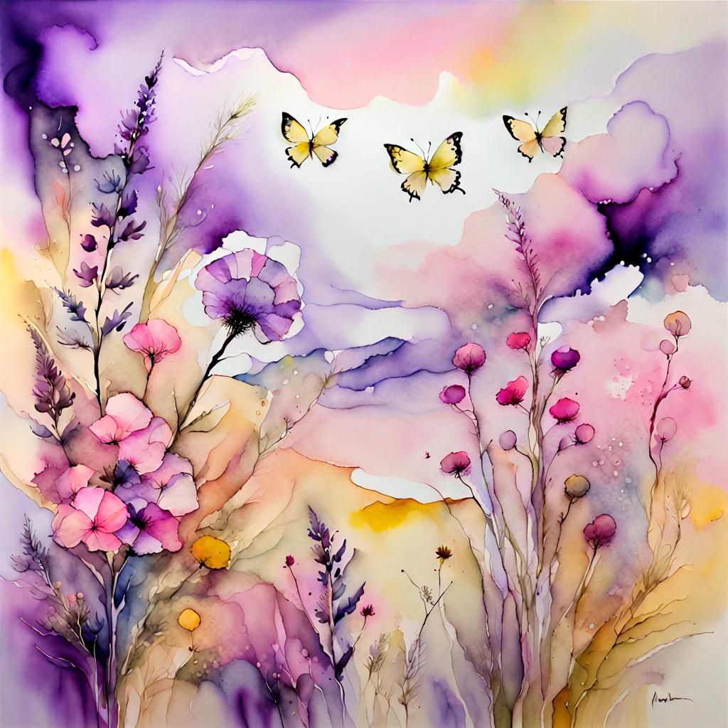 Whimsical Watercolor Painting of Wildflowers and Butterflies